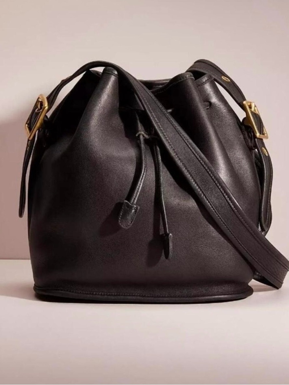 Coach Black Leather Drawstring Bucket Shoulder Bag with Gold Hardware